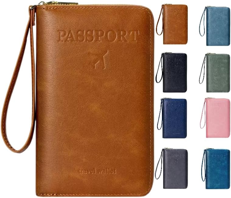 GLOLOOS Multi-Functional RFID Passport Wallet,Travel Wallet for Men & Women,With zipper, anti-theft passport holder，Slim Leather Cover for Credit Cards, Tickets, Cash (Brown) - Image 1